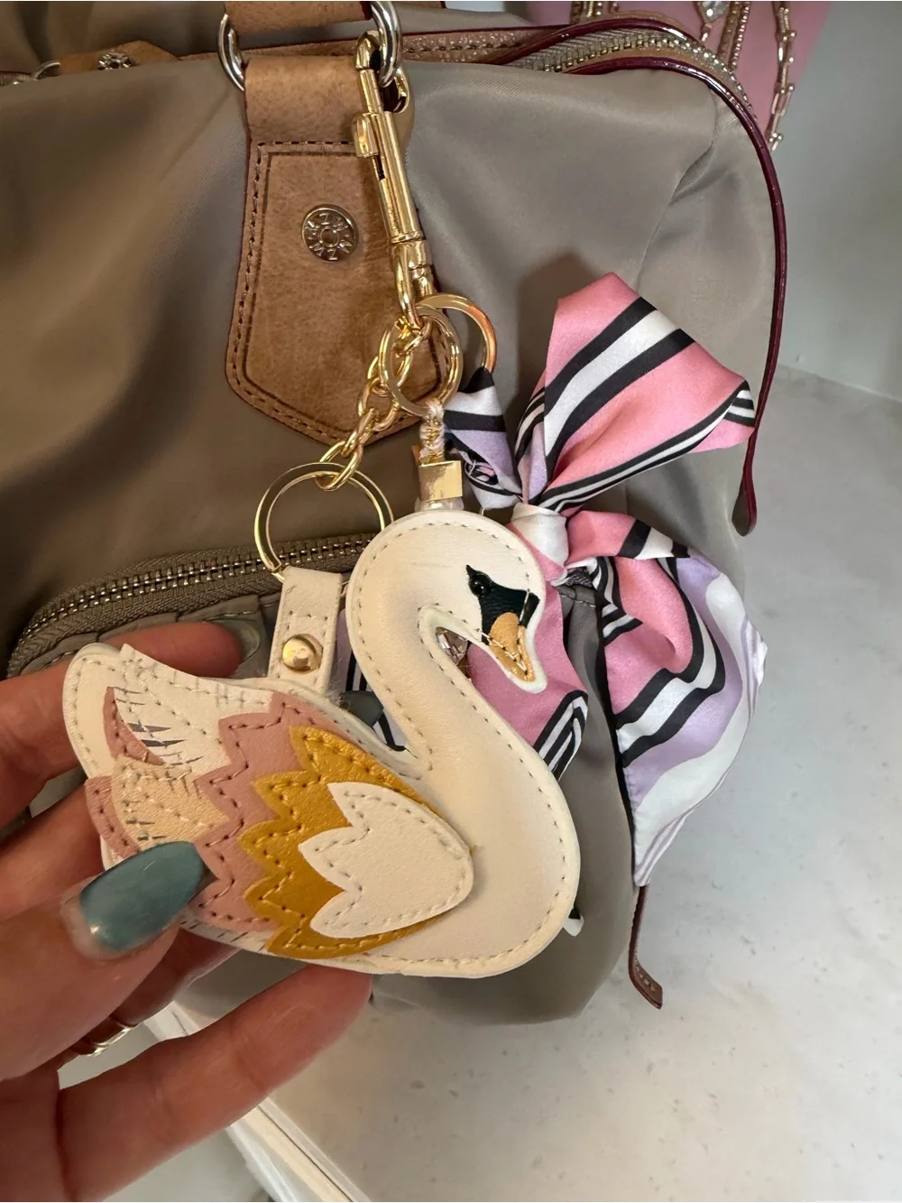 NWOT Grand Swan Keychain Charm stacked with Pink Stripe Scarf and bling charm